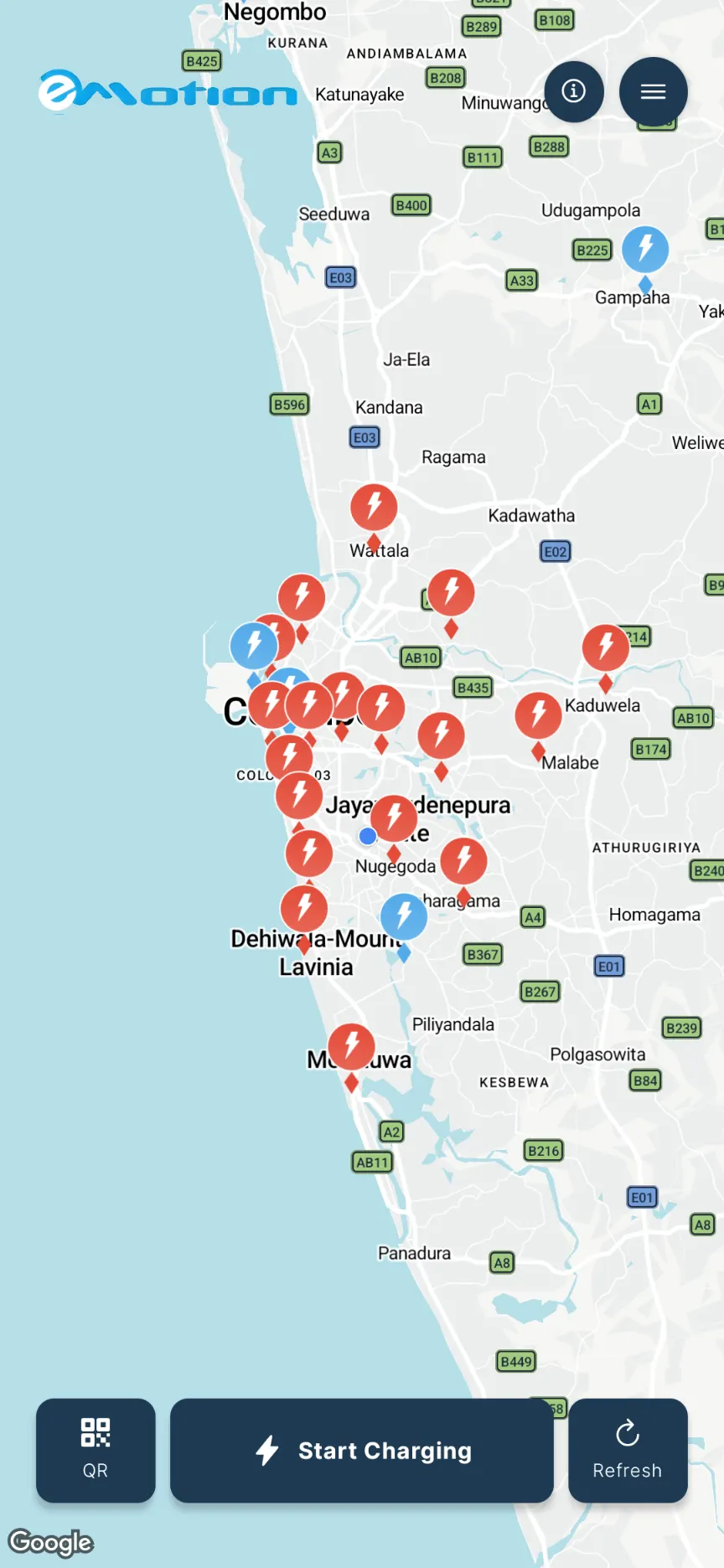 Home screen of the eMotion Charging app, showing chargers on the map