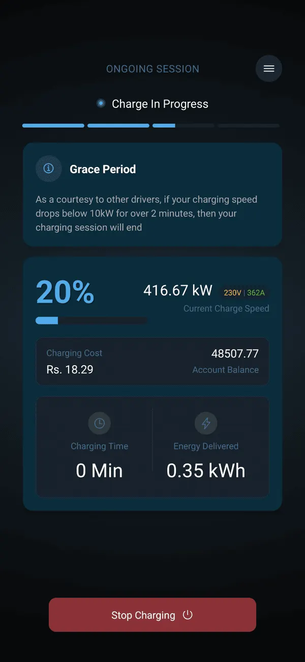 Live charging session screen in the eMotion Charging app