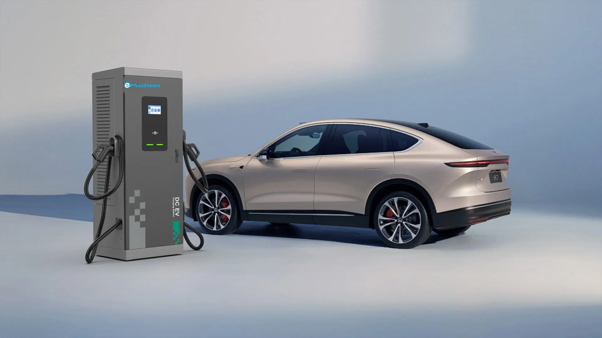 An eMotion DC fast charger beside an electric car